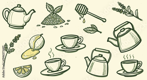Hand Drawn Tea Set With Lemon And Honey Ingredients For Brewing Hot Beverage