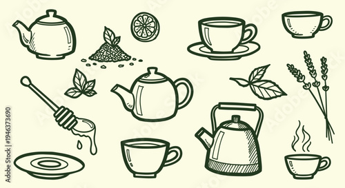 Hand Drawn Tea Set Collection With Honey And Lemon Slice For Beverage Preparation