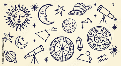 Celestial doodle art with sun moon stars planets constellations and zodiac signs