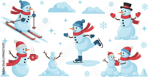 Cute snowman winter activities collection with skiing, ice skating, drinking hot cocoa and building snowman, festive holiday cartoon illustration set
