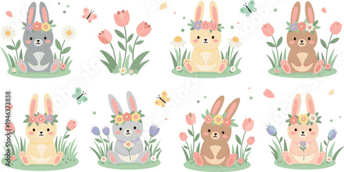 Cute spring bunny characters with flower crowns sitting in grass with flowers butterflies and pastel nature elements vector illustration set
