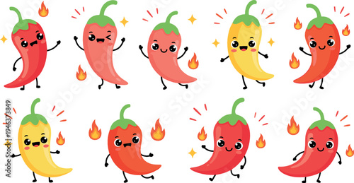 Cute spicy chili pepper cartoon characters with flames funny hot pepper mascots colorful food vector illustration set