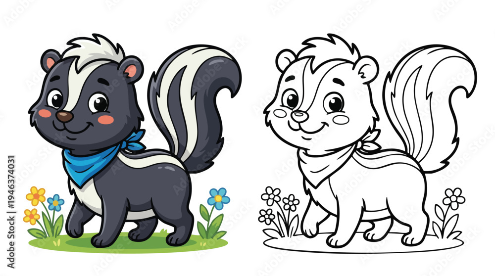 Naklejka premium Cute Skunk Walk Coloring Page and Colored Illustration