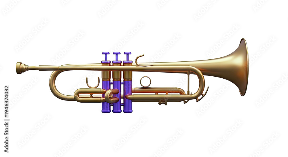 Fototapeta premium Golden Trumpet with Purple Valves on White Background