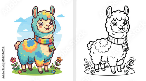 Little Alpaca Wearing a Scarf and Standing in Grassy Field