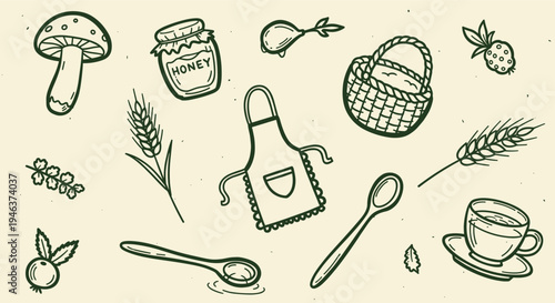 Hand drawn collection of food and kitchen items for cooking and baking