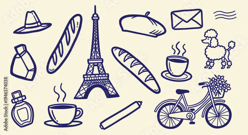 Parisian Lifestyle Icons and Symbols Hand Drawn Sketch Collection