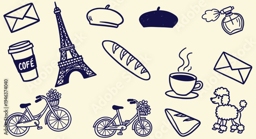 Charming Parisian icons collection with Eiffel Tower coffee bicycle and poodle doodle art