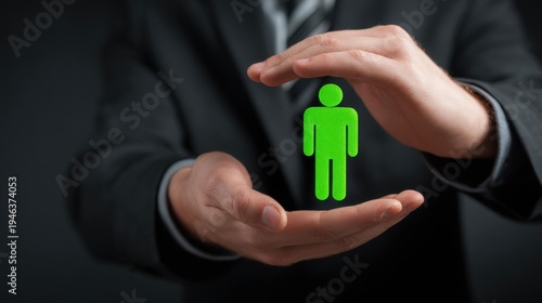 Hands protecting glowing green human icon, representing personal safety, human protection and employee care in business context