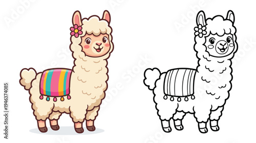 Cute Llama Character Coloring Book Page