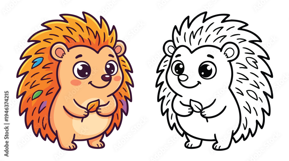 Naklejka premium Cute Cartoon Hedgehog Holding a Leaf Coloring Book Page