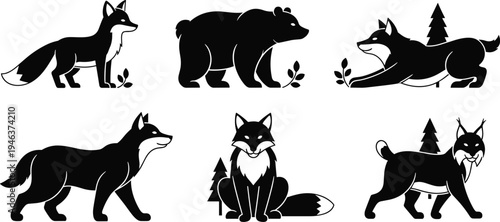 Silhouette Wildlife Illustration with Fox, Bear, Wolf, and Lynx in Black and White