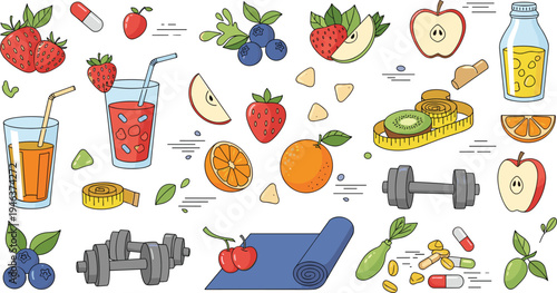 Healthy Lifestyle Illustration with Fruits, Exercise Equipment, Supplements, and Refreshing Drinks