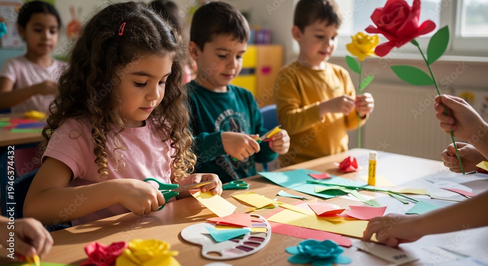 Fototapeta premium Happy diverse preschoolers actively cutting colorful paper creating vibrant flowers during an engaging classroom art activity bathed in soft light. AI Generated