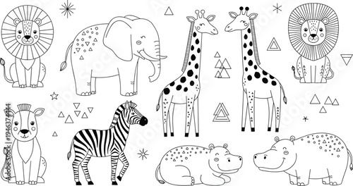 Black and White Animal Illustrations with Geometric Patterns Featuring Lions, Elephants, Giraffes, and More