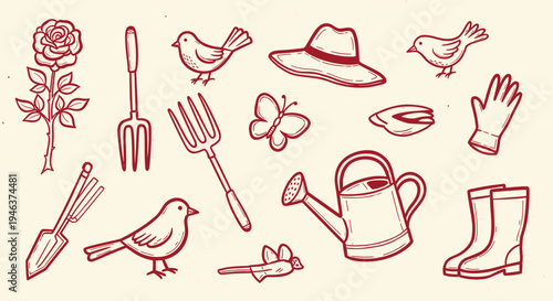 Charming Garden Tools and Nature Elements Hand Drawn Illustration