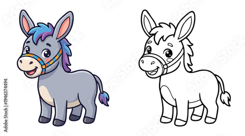Cute Donkey Coloring Book Page Cartoon Illustration Activity Fun