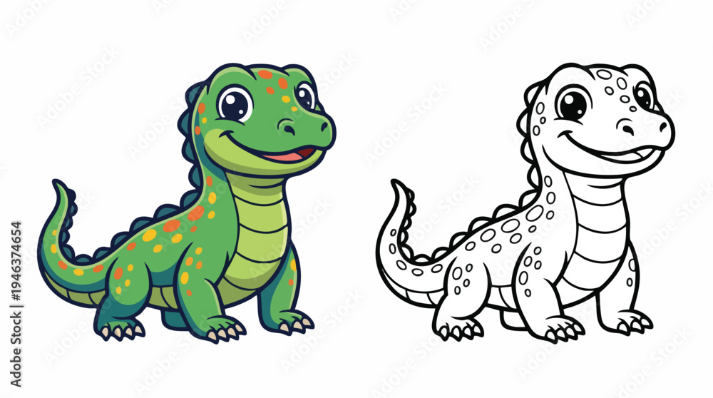Obraz premium Cute Happy Cartoon Dinosaur Coloring Page for Kids