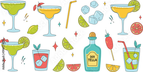 Tropical Drink Icons with Cocktails, Citrus Fruits, Ice, and Bottles for Refreshing Summer Vibes