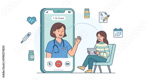 Telemedicine consultation with a female doctor on a smartphone and a patient.