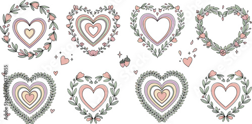 Romantic Heart Shapes with Floral Wreaths and Soft Pastel Colors for Valentine's Day and Love Themes