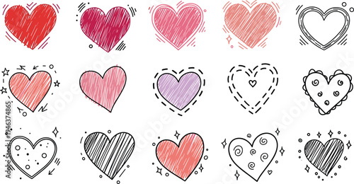 Hand-drawn Heart Icons Collection with Sketch, Doodle, and Decorative Elements in Various Colors