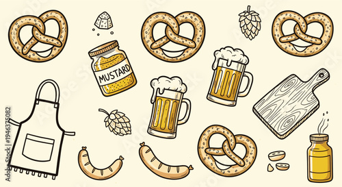 Bavarian Food and Drink Assortment Pretzel Sausage Beer Mustard Apron and Cutting Board