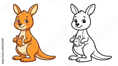 Kangaroo and Baby Joey Coloring Page Cartoon Outline