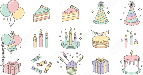 Pastel Birthday Celebration Illustration with Cakes, Balloons, Candies, Candles, and Party Hats