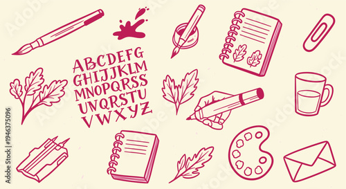 Hand drawn doodle illustration of art and writing supplies with alphabet letters and leaves on a cream background