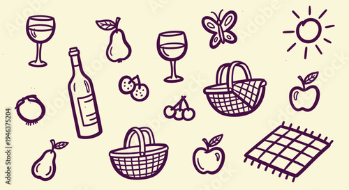 Hand drawn picnic elements with wine, fruit, baskets and checkered blanket on beige background