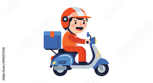 Flat vector illustration of a delivery courier riding a scooter, designed with simple shapes and a friendly rounded character style for a modern app illustration on a white background.