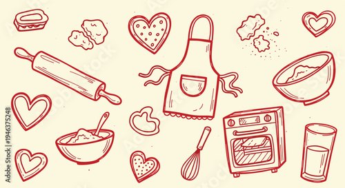 Baking supplies and heart shaped cookies in a doodle art style for Valentines Day or baking theme