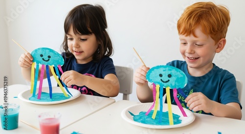 Happy children joyfully crafting colorful jellyfish with bright natural light illuminating their creative play. AI Generated