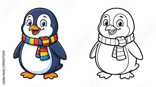 Cute Happy Penguin Wearing Striped Scarf Coloring Page Illustration