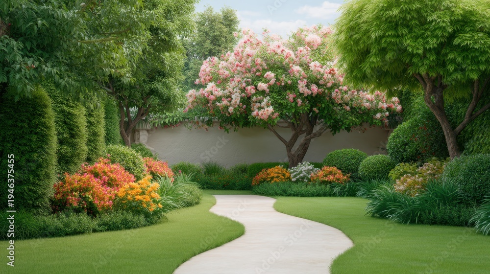 Obraz premium Lush Garden Pathway Surrounded by Colorful Flowers and Greenery Under Bright Blue Sky in Spring Season