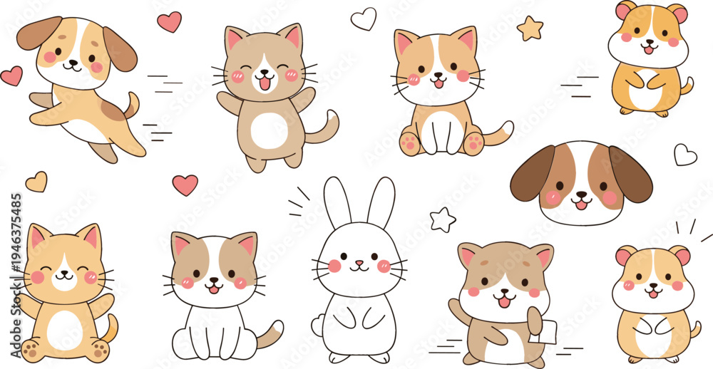 Obraz premium Cute kawaii pet characters set with dog, cats, rabbit and hamster, adorable cartoon animals collection for kids stickers and nursery design