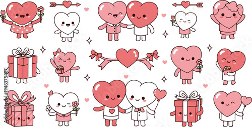 Cute kawaii heart characters set with love gifts, couples and arrows, adorable Valentine cartoon icons collection for romantic stickers and designs