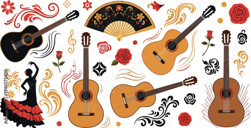 Flamenco guitar and Spanish dance elements collection with roses fan and decorative ornaments vector illustration set