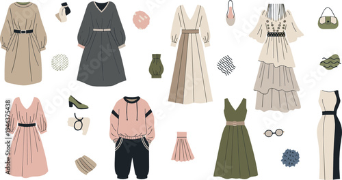 Elegant women fashion outfits collection including dresses skirts blouse accessories and shoes modern clothing vector illustration set