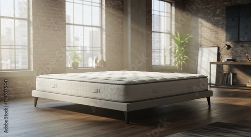 Brightly lit minimalist loft bedroom showcasing a comfortable new mattress on a modern bed frame flooded with warm sunrays. AI Generated