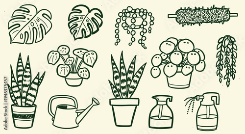 Collection of Hand Drawn Houseplants and Gardening Tools in a Simple Line Art Style