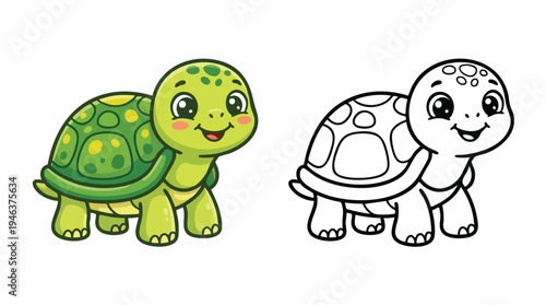 Cute Cartoon Turtle Coloring Book Page for Kids Activity