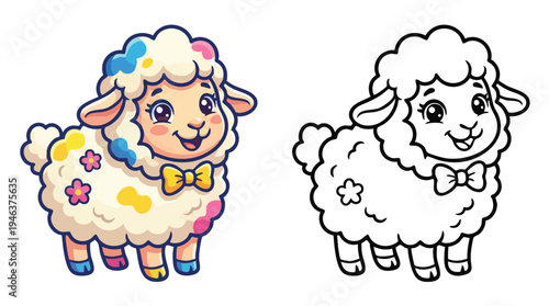 Cute Cartoon Sheep with Colorful Spots for Coloring Book