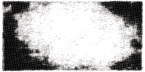 Abstract black and white grunge background featuring a vintage ink splatter texture with a dirty paint brush spray pattern and a vector halftone frame design for an artistic wallpaper