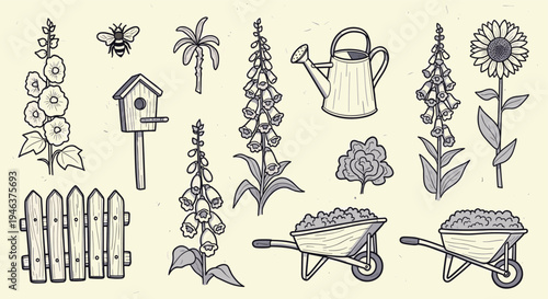 Charming Garden Elements Hand Drawn Sketch Collection With Flowers Bee Birdhouse Fence and Tools