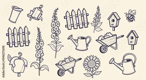 Hand Drawn Garden Elements Collection With Flowers Plants Tools And Bee