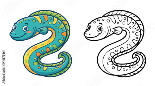 Cute Cartoon Moray Eel Coloring Book Page
