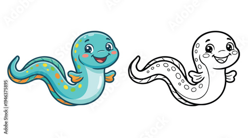Cute Happy Cartoon Eel for Coloring Book Page Outlines