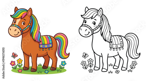Coloring Book Page Cute Cartoon Horse with Rainbow Mane and Tail